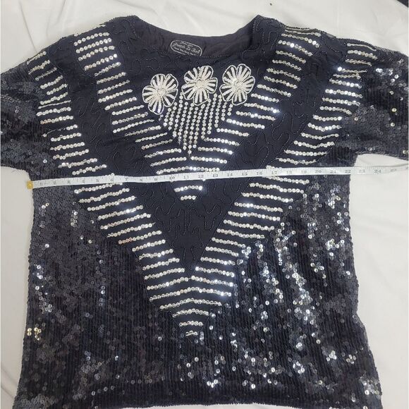 VINTAGE 80s top silk black beaded sequin floral short sleeve elegant XL - Picture 6 of 7